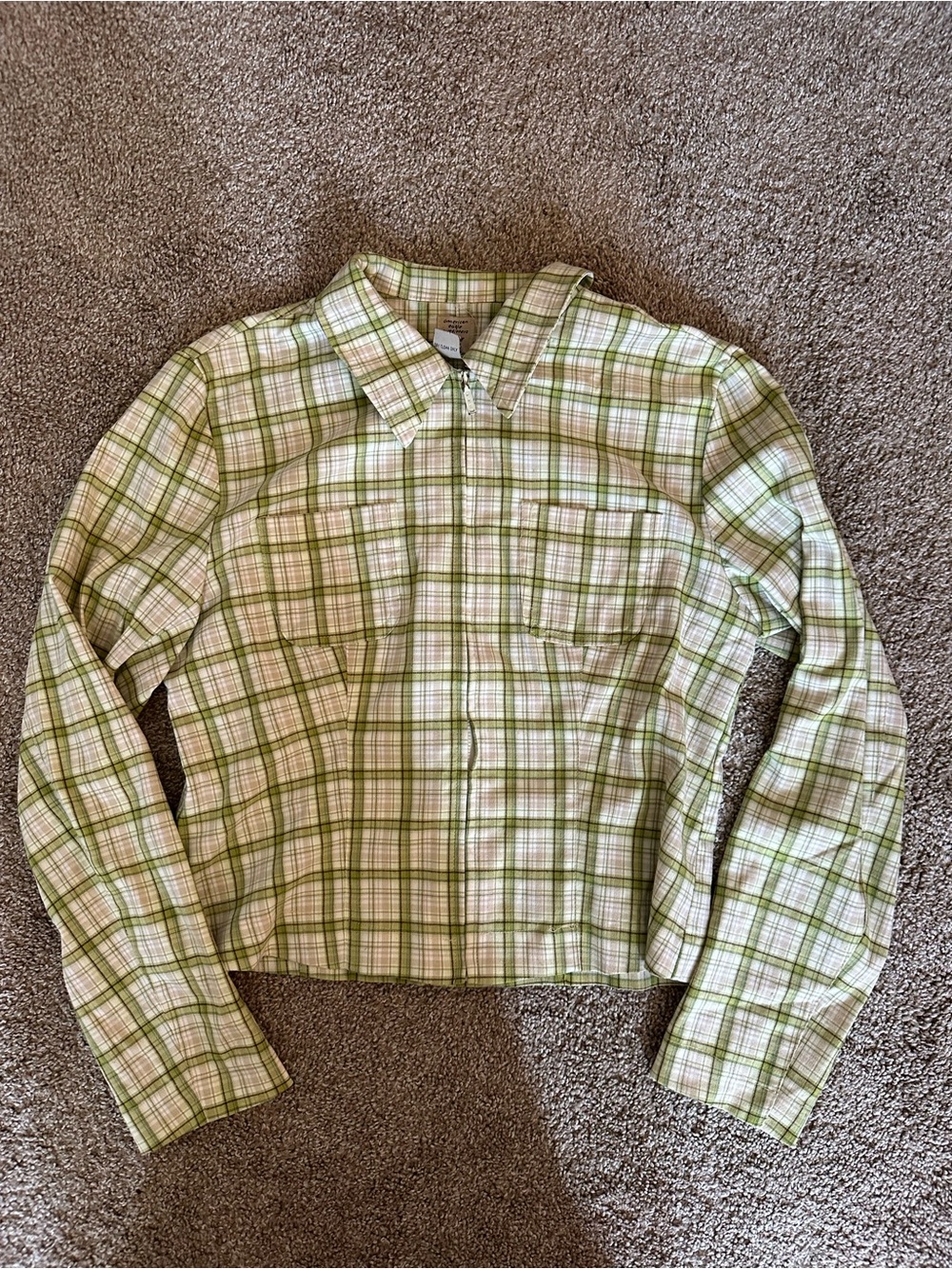 American Eagle Outfitters Green Plaid Long Sleeve Zip Shirt